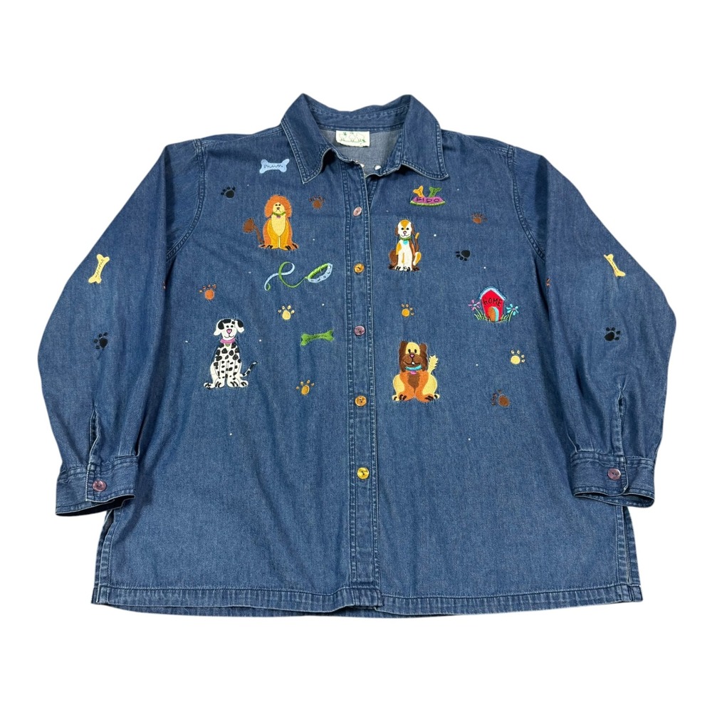 Vintage Quaker Factory Dog Emboridered Casual Denim Button Up Shirt Women's 2XL